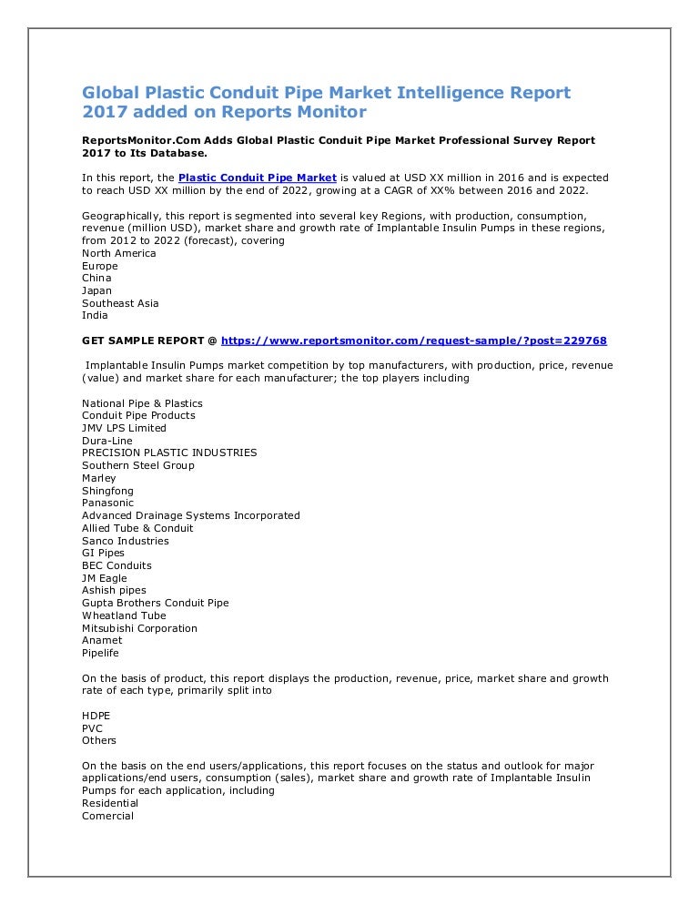 Global plastic conduit pipe market intelligence report 2017 added on