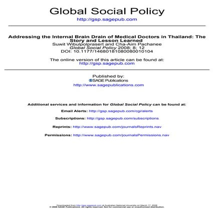 Global social policy   addressing the internal brain drain of medical doctors in thailand - the story and lesson learned