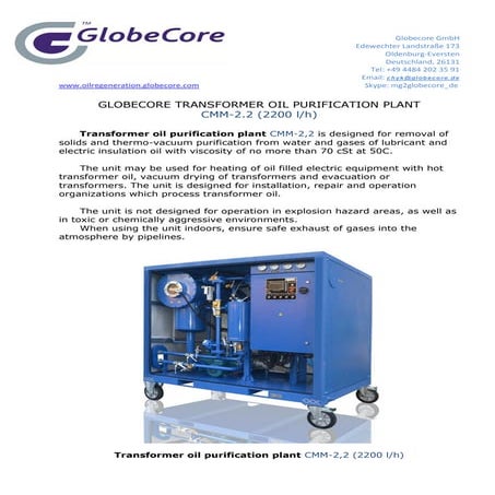 Globecore transformer oil purification plant cmm  2,2