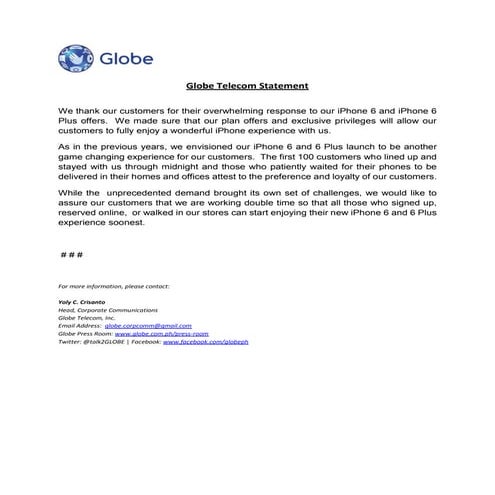 Globe Telecom Statement for YugaTech