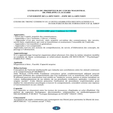 Extraits du Glossaire présenté par P. Clauzard Cours Tronc Commun UE15 UnivREUNION