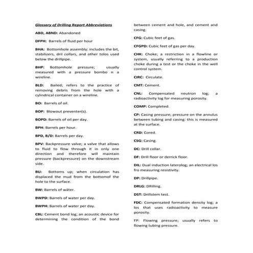 Glossary of drilling report abbreviations