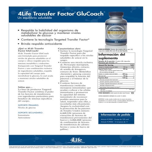 Ficha técnica Transfer Factor Glucoach de 4Life