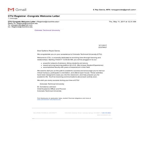 Welcome Letter: Colorado Technical University's Doctoral of Computer Science Enterprise Information Systems