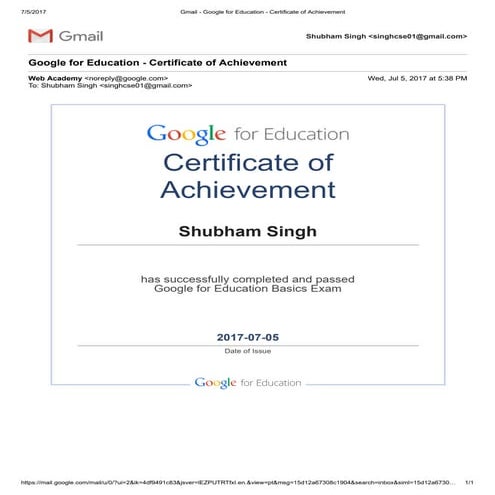 Gmail   google for education - certificate of achievement