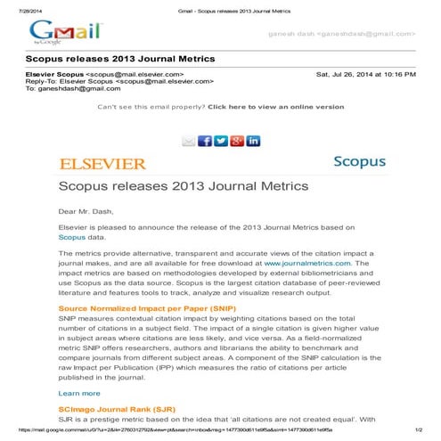 Gmail   scopus releases 2013 journal metrics