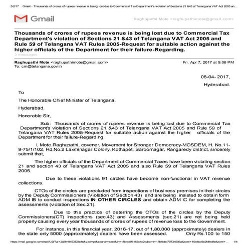 telangana commercial taxes corruption letter to CM | PDF