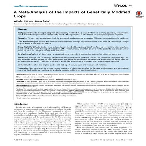 A Meta-Analysis of the Impacts of Genetically Modified Crops