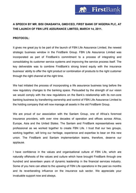 Firstbank Nigeria Gmd S Speech For The Fbn Life Launch Final