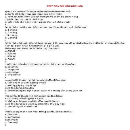 Trắc Nghiệm Gây Mê Hồi Sức ĐHYHN  - TBFTTH VMU