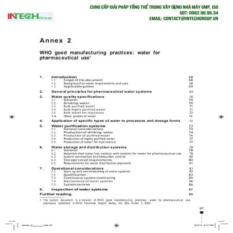 Tiêu chuẩn nước trong bộ tiêu chuẩn GMP WHO 