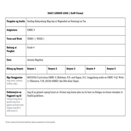 Grade 6 GMRC Lesson Plan on Self-Recognition and Dignity | DOCX