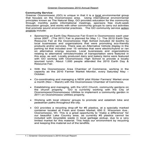 Greener Oconomowoc's 2010 Annual Report 
