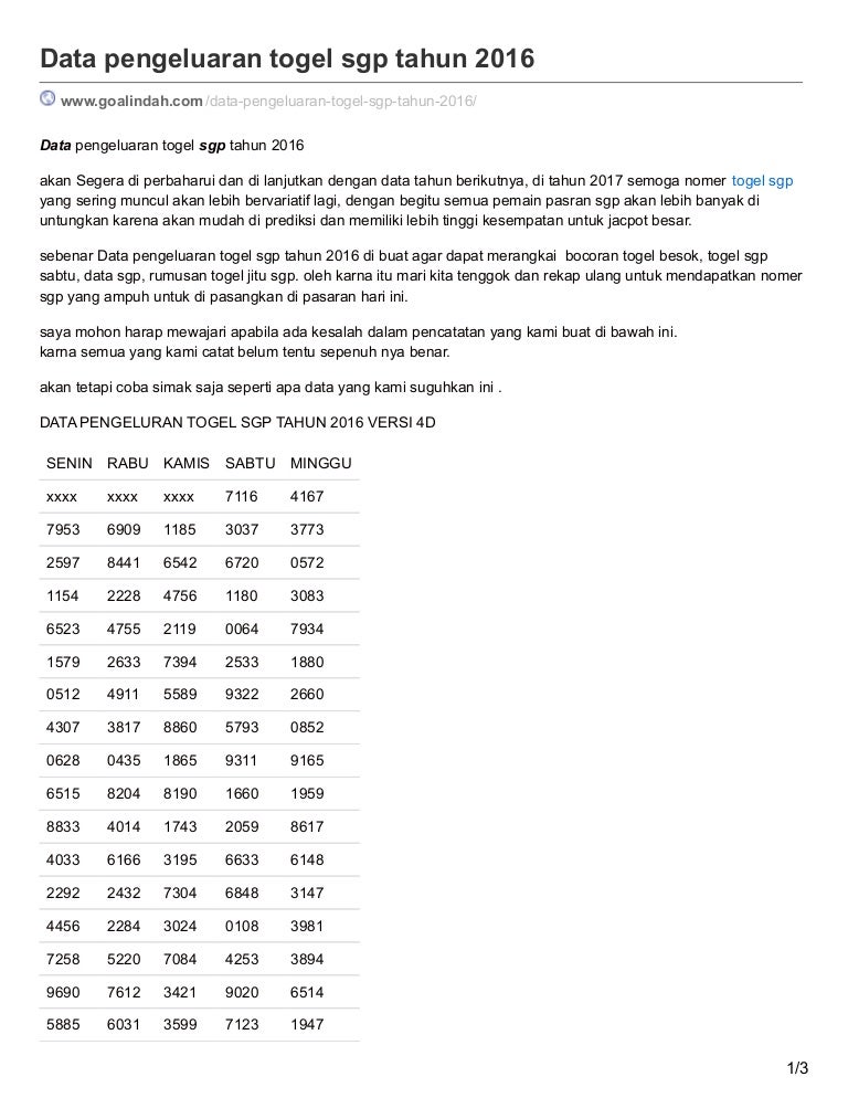 Goalindah Com Data Pengeluaran Togel Sgp Tahun 2016