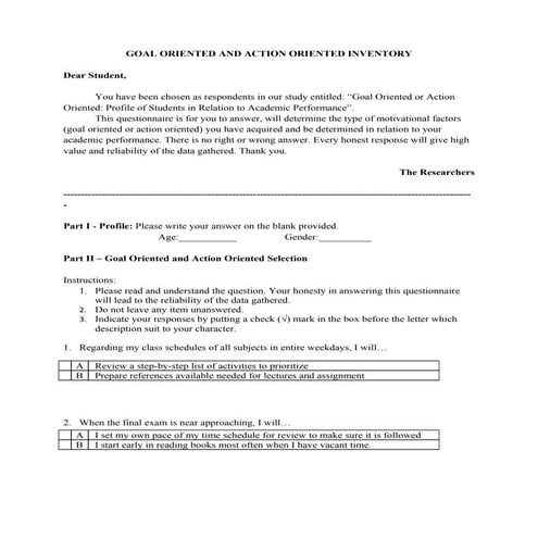 Goal oriented and action oriented inventory