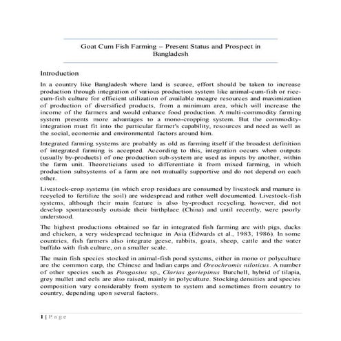 Goat cum Fish Farming - Present Status and Prospect in Bangladesh