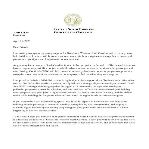 Good Jobs Western North Carolina Letter of Support from Gov. Josh Stein ...