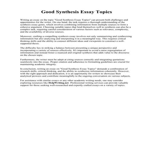 Good Synthesis Essay Topics. Lake Land College