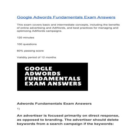 Google Adwords Fundamentals Exam Answers