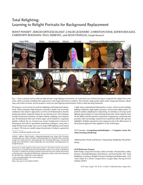 Google Research Siggraph Whitepaper | Total Relighting: Learning to Relight P...