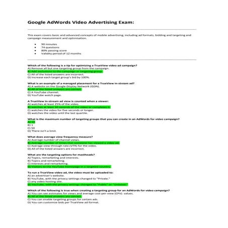 Google AdWords Video Advertising Exam Questions and Answers