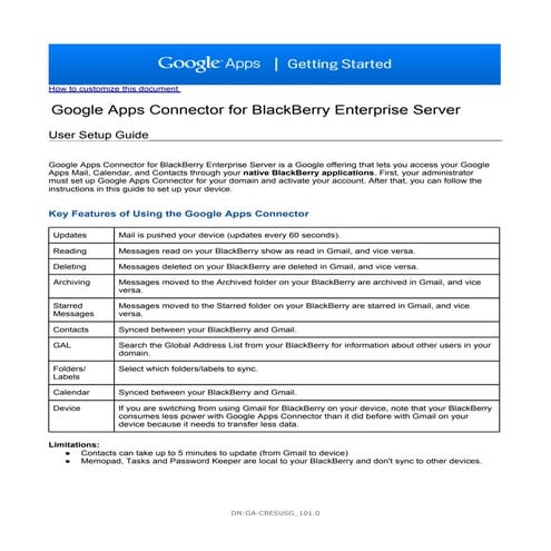 Google Apps Connectorfor Black Berry Enterprise Server User Setup Guide