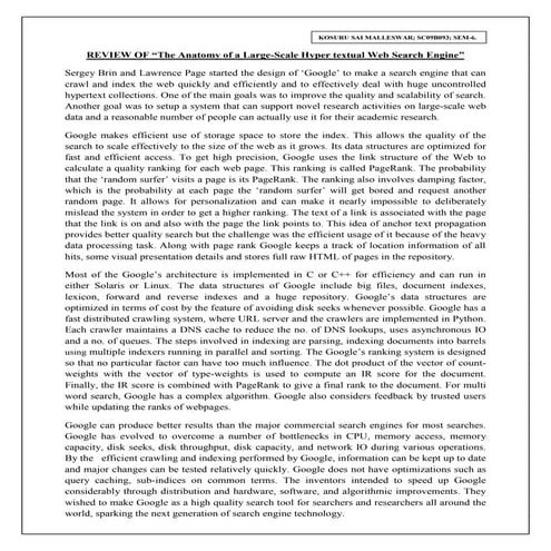 Review of  "The anatomy of a large scale hyper textual web search engine" 