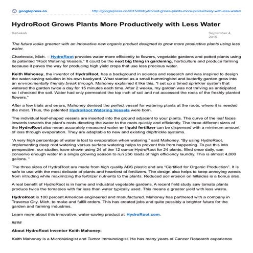 hydro root grows plants more productively with less water