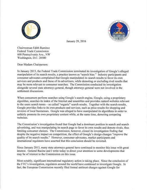 Google search bias letter Utah-DC