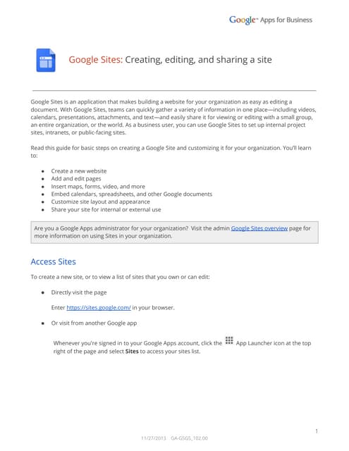 Google sites creating editing and sharing a site
