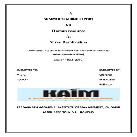 summer training report on shree ramkrishna company