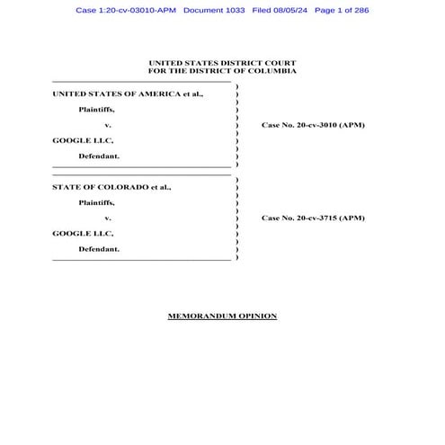 The United States of America DOJ  to restrain Google from unlawfully maintaining monopolies in the markets for general search service
