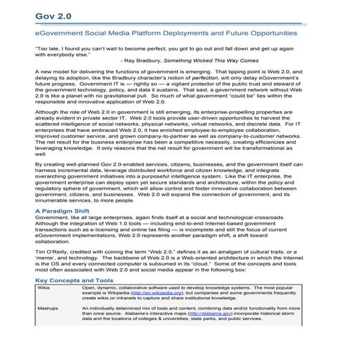 Gov 2.0 - eGovernment Social Media Platform Deployments and Future Opportunities