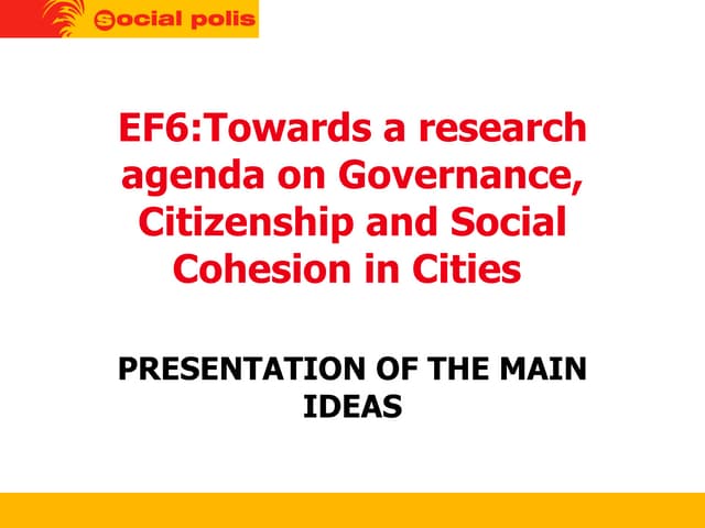 Governance, Citizenship and Social Cohesion in Cities