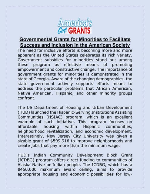 Governmental Grants for Minorities to Facilitate Success and Inclusion in the...