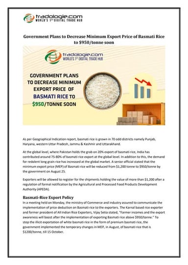 Government Plans to Decrease Minimum Export Price of Basmati Rice to 950tonne...