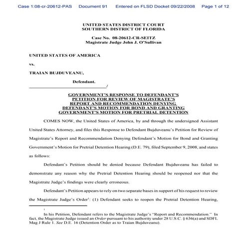 Government’s response to defendant’s petition for review of magistrate’s repo...