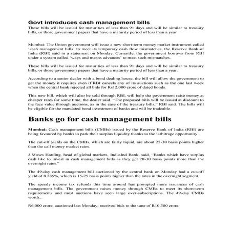 Govt introduces cash management bills | DOCX