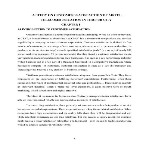 A STUDY ON CUSTOMERS SATISFACTION OF BARTI AIRTEL TELECOMMUNICATION IN TIRUPU...