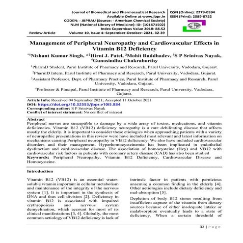 Management of Peripheral Neuropathy and Cardiovascular Effects in  Vitamin B1...