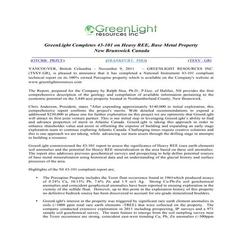 GreenLight Completes 43-101 on Heavy REE, Base Metal Property