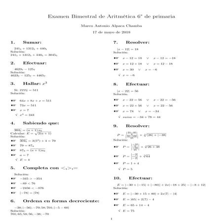 Examen Bimestral de Aritmética 6° de primaria