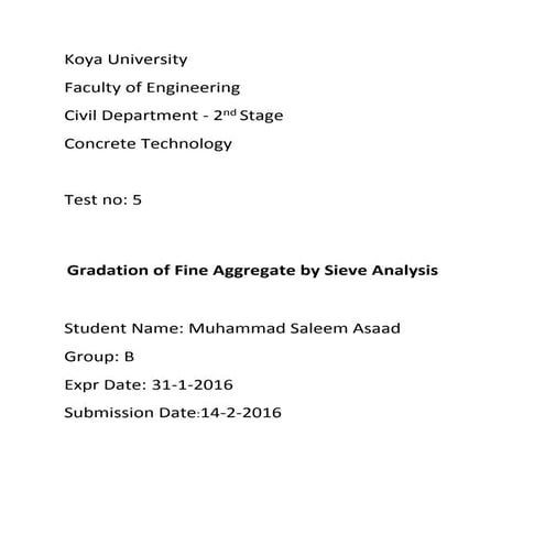 Gradation of fine aggregate by sieve analysis