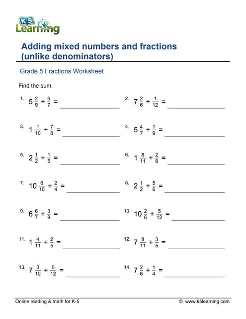 Grade 5 adding fractions mixed numbers PDF Grade 5 adding fractions mixed numbers PDF
