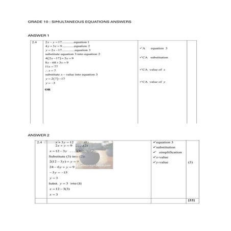 GRADE 10 SIMULTANEOUS ANSWERS for worksheet .pdf
