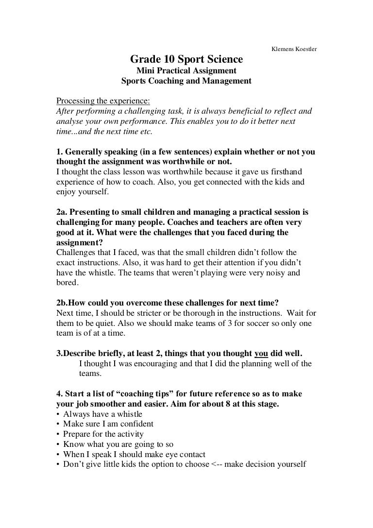 Grade 10 Sport Science Reflection of Coaching
