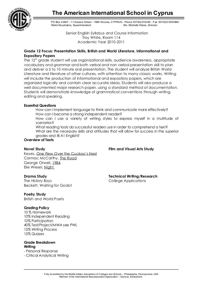 grade 12 english syllabus 20102011
