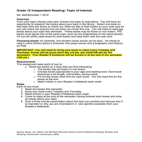Grade 12 independent reading essay presentation assignment intructions