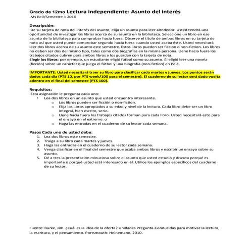 Grade 12 lectura independiente independendent reading essay presentation instructions in spanish