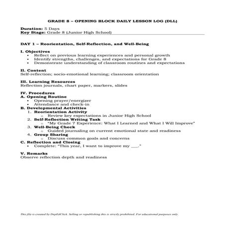 Comprehensive Opening Block Lesson Plan for Senior High School ...